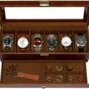Watch Box, 6 Compartment Watch Display Box with Drawers, Men's Watch Box with Glass Lid, 2 Tier Jewelry and Watch Organizer, Unisex Watch Rack Organizer