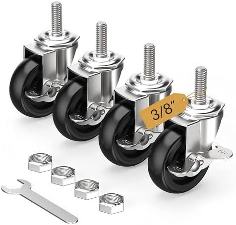 HOLKIE Caster Wheels 3 inch Locking Stem Casters, 3/8" -16 x 1-1/2" (Stem Diameter 3/8", Stem Length 1-1/2" Threaded Stem Casters Swivel Casters Set of 4 Heavy Duty Castors, Black