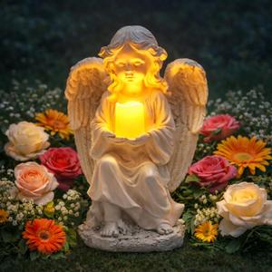 TIALLY Solar Angel Garden Statue with Glowing Candle Large Angel Figurines with Soft Glow, Weatherproof Outdoor Statues for Memorial Decor, Yard, Lawn or Cemetery Use, Angels Gifts for Women
