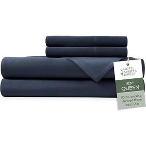 Hotel Sheets Direct 4 Piece Bed Sheet Set Queen, 100% Viscose Derived from Bamboo Sheets Set with 2 Pillowcases, Cooling & Breathable Luxury Bedding, Moisture-Wicking & Silky Soft Texture, Navy Blue