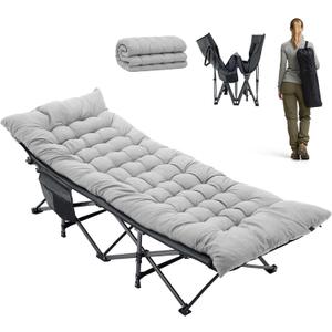 HealSmart Camping Cot for Adults, Heavy-Duty Portable Cot Bed with Mattress, Foldable Padded Sleeping Cots for Camping Travel Tent Day Bed Outdoor & Home Guest, Max Load 500 LBS, 75"x28"x15", Grey