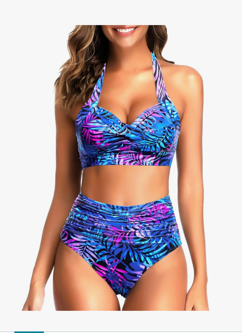 Tempt Me Women Two Piece Vintage Swimsuit Retro Halter Ruched High Waist Bikini with Bottom L