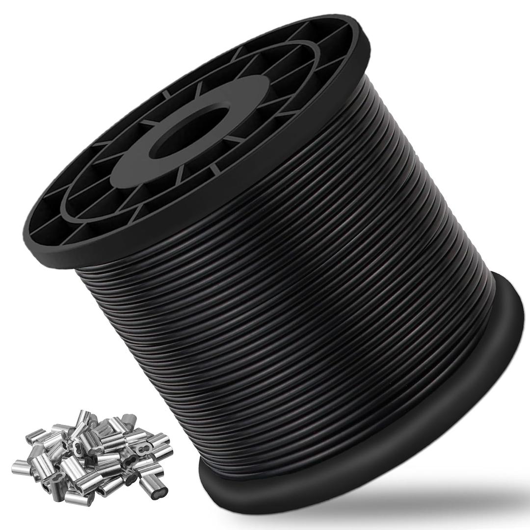 Vinyl Coated Wire Rope 304 Stainless Steel Coated Wire Cable-Black, 1/16" OD to 3/32" x 500FT, with 200 Pcs Crimping Sleeves-Cable for String Lights, Suitable for Clotheslines