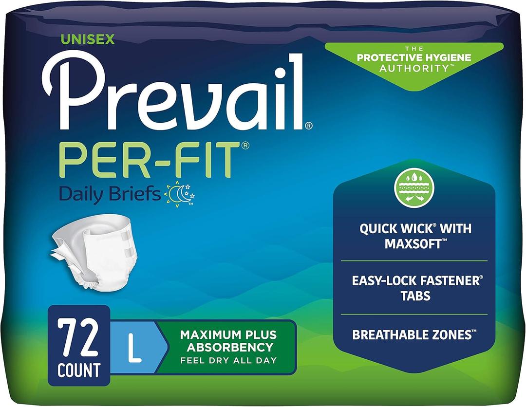 Prevail Proven | Large Per-Fit Incontinence Briefs with Tabs | Unisex | Maximum Plus Absorbency | 72 Count