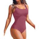 Charmo Womens Scalloped Ribbed One Piece Swimsuits Retro Square Neck Modest Bathing Suits, Size L