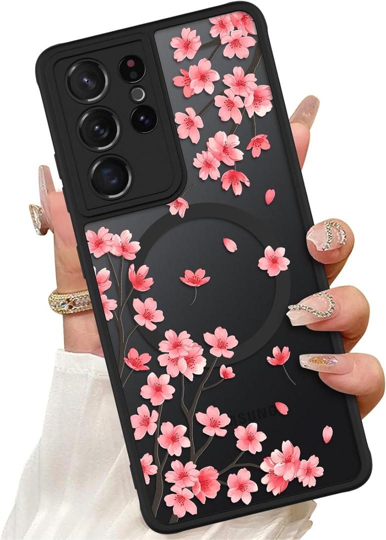 ZIYE Magnetic Case for Samsung Galaxy S21 Ultra 6.8 Inch [Compatible with MagSafe] Hard PC and Soft TPU Case with Cherry Blossom Pink Floral Anti-Scratch Shockproof Protection Phone Cover for Women
