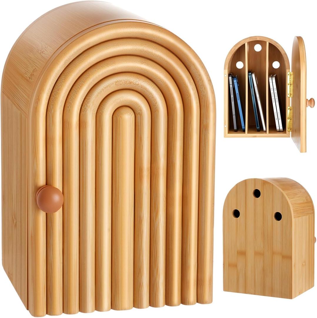 Phone Box 10.2" x 6.7" x 5.9" for Family Time Bamboo Jail 3 Sections Hold 6 Phones with Charging Holes Wood Holder Self Discipline Box Help Kid Adult Focus Back Avoid Addiction(Door-Shaped)