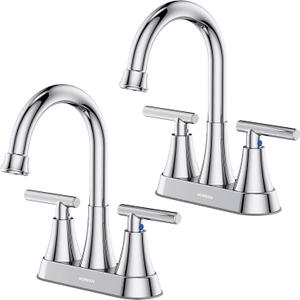 Bathroom Faucets for Sink 3 Hole, Hurran 4 inch Chrome Bathroom Sink Faucet with Pop-up Drain and Supply Hoses, Stainless Steel Lead-Free Centerset Utility Faucet for Vanity RV, 2 Pack