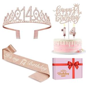 14th Birthday Decorations for Girls Including Birthday Sash and Tiara, Candles and Cake Topper, 14 Year Old Girl Decorations Gifts