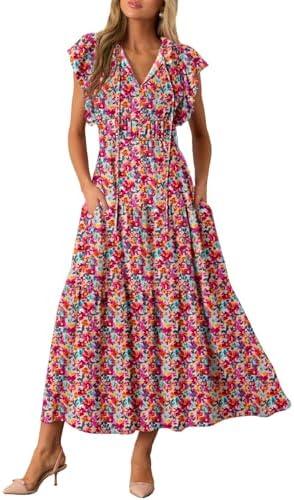 BLENCOT Womens Cotton Floral Maxi Dresses Casual Flowy Boho Dresses Summer Ruffle Short Sleeve V Neck Dress with Pockets Size L
