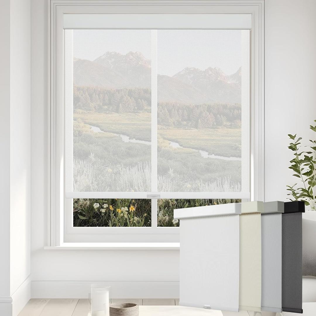 Persilux Free-Stop Cordless Solar Window Blinds Light Filtering Roller Shades for Windows (White, 27" W x 72" H) 5% Openness UV Protection Flame Retardant View Through Roller Blinds for Windows Home