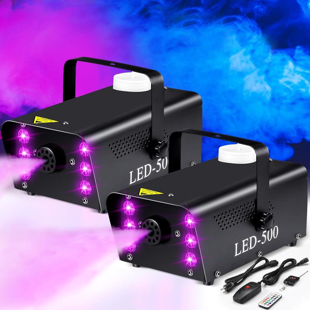 Retisee 2 Set Fog Machine Halloween with 6 Colorful LED Lights Wireless Remote Control Fog Machine with Power Cord, Receiver and Manual for Wedding Parties DJ Stage Effect (Chic Style,500 W)