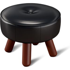 13in Small Foot Stool Ottoman, Round Faux Leather Foot Rest, Footstool Ottomans with Rubber Legs Under Desk, Footrest for Couch, Living Room, Bedroom, Office, 13''L x 13''W x 10.2''H, Black