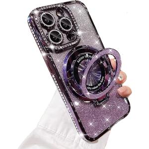 Magnetic Case for iPhone 14 Pro Max with Ring Holder, Luxury Glitter Rhinestone Bling Case [Compatible with Magsafe] Shockproof Kickstand Camera Lens Protector for iPhone 16 Pro (Purple)