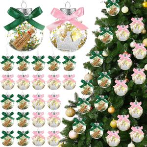 Soulchen 24 Pcs 2.36 Inch Christmas Witch Ball Ornament Pink and Green Christmas Ball Ornament with Sequins Ribbon Bows Xmas Tree Witch Hanging Craft Gift for Xmas Holiday Party Winter Home Decor