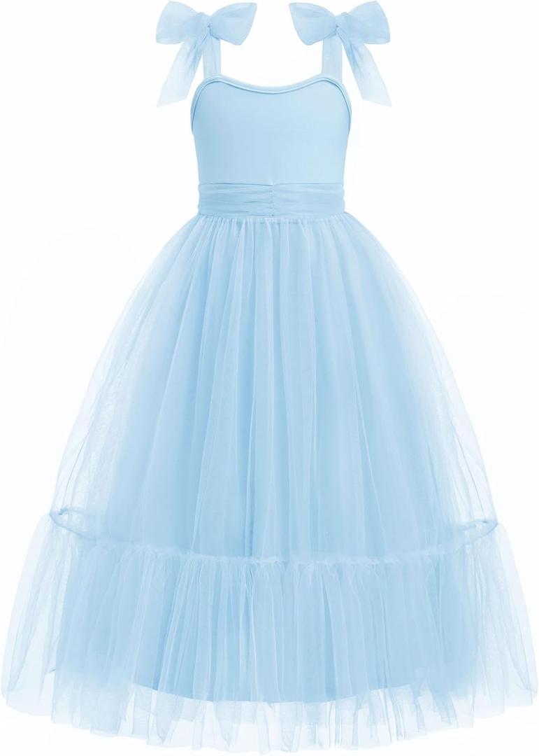Arshiner Girls Summer Sleeveless Bow-Tie Straps Party Long Tulle Dresses | Girls Tween Summer Birthday Dress For Kids 6-14 Years (Blue)