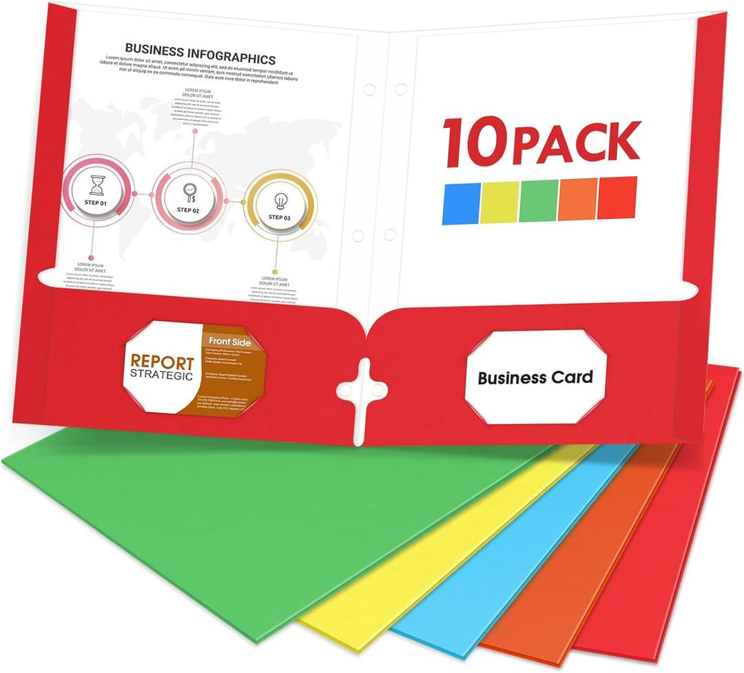 Folders with Pockets, 2 Pocket Folders (10 Pack, Assorted Colors), Paper Folders with Pockets, 3 Hole Punched with Business Card Slot, Letter Size, File Folders for School Office Home