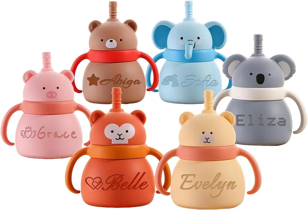 Personalized Silicone Baby Cup with Engraved Name Animal SpillProof Training Sippy Cup for Toddlers 6+ Months, Baby Shower Christmas Gift