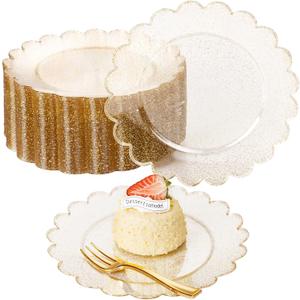 LIYH 200Pcs Gold Glitter Dessert Scalloped Plates and Forks- Disposable Heavyduty Combo Plastic Plates Dishes Included 100 Dessert Plate 100 Gold Forks for Weddings Party Birthday