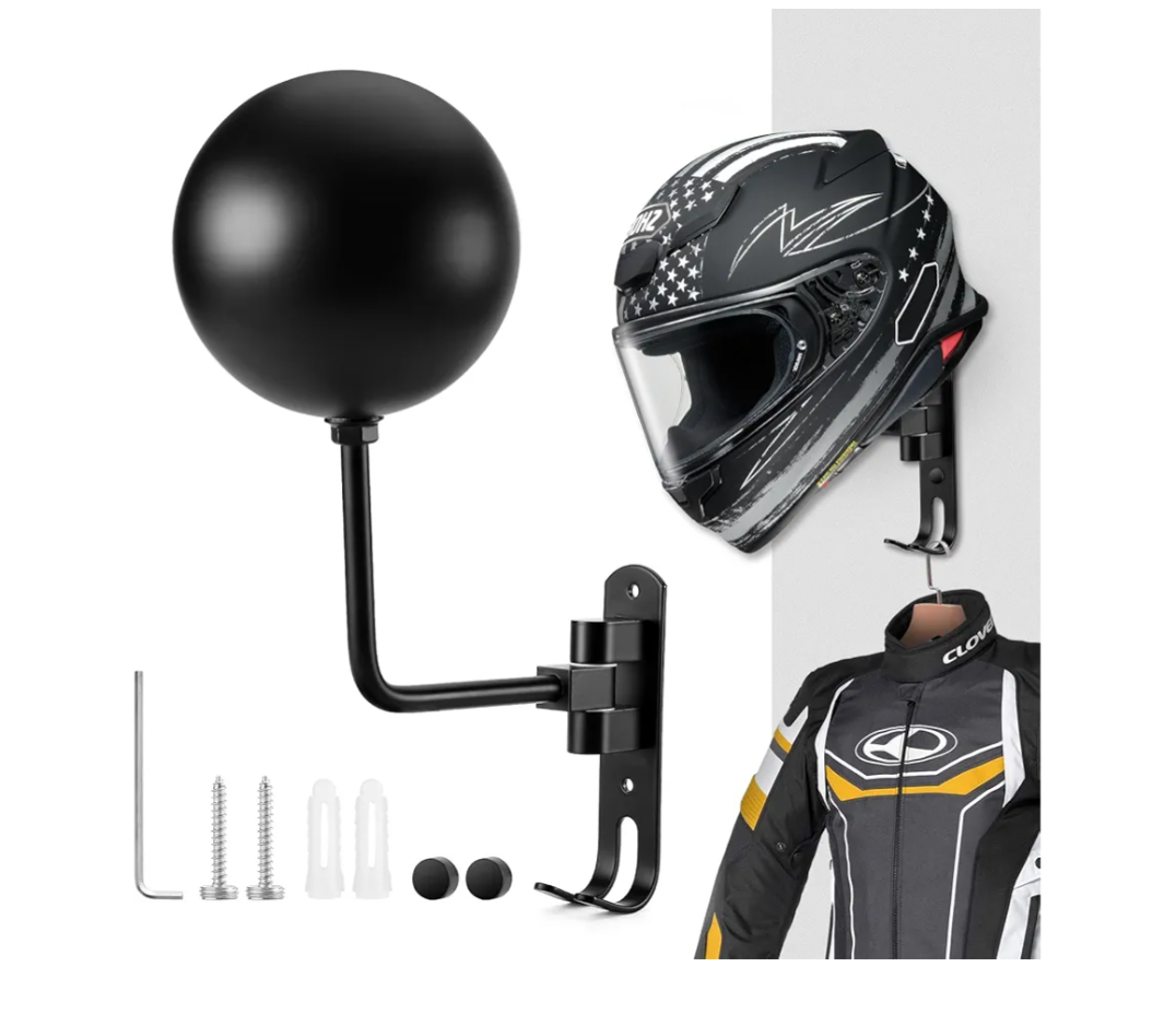 PAHTTO Motorcycle Helmet Holder, Helmet Rack Wall Mount 180 Degree Rotation Helmet Hanger with Double Hook for Coats, Caps, Hats, Motorcycle Accessories