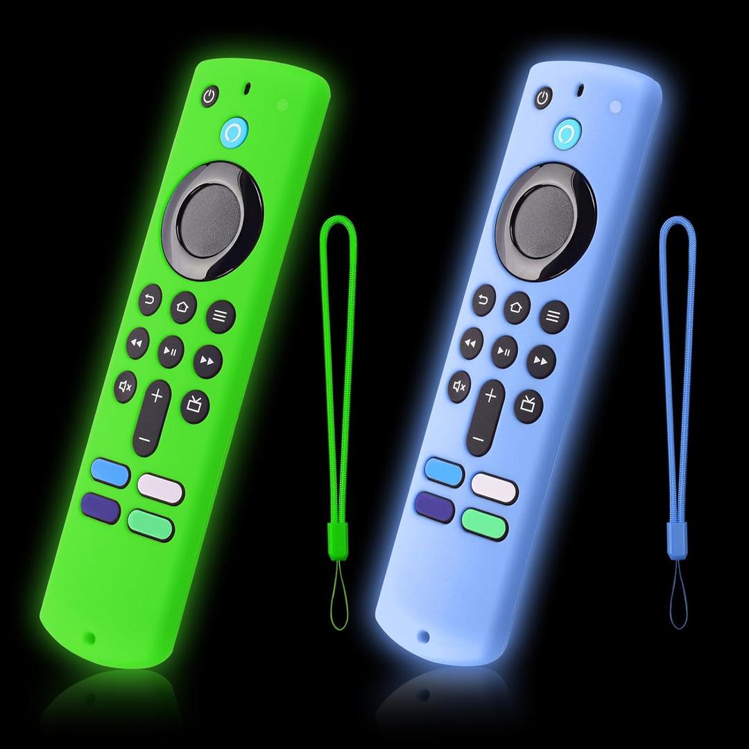 2-Pack Glowing Green + Glow Blue Remote Cover Compatible with Amazon Fire TV Stick, HD, 3rd Gen., 4K Remote Controls, Anti-Slip Silicone Protective Case with Lanyard, GITD!