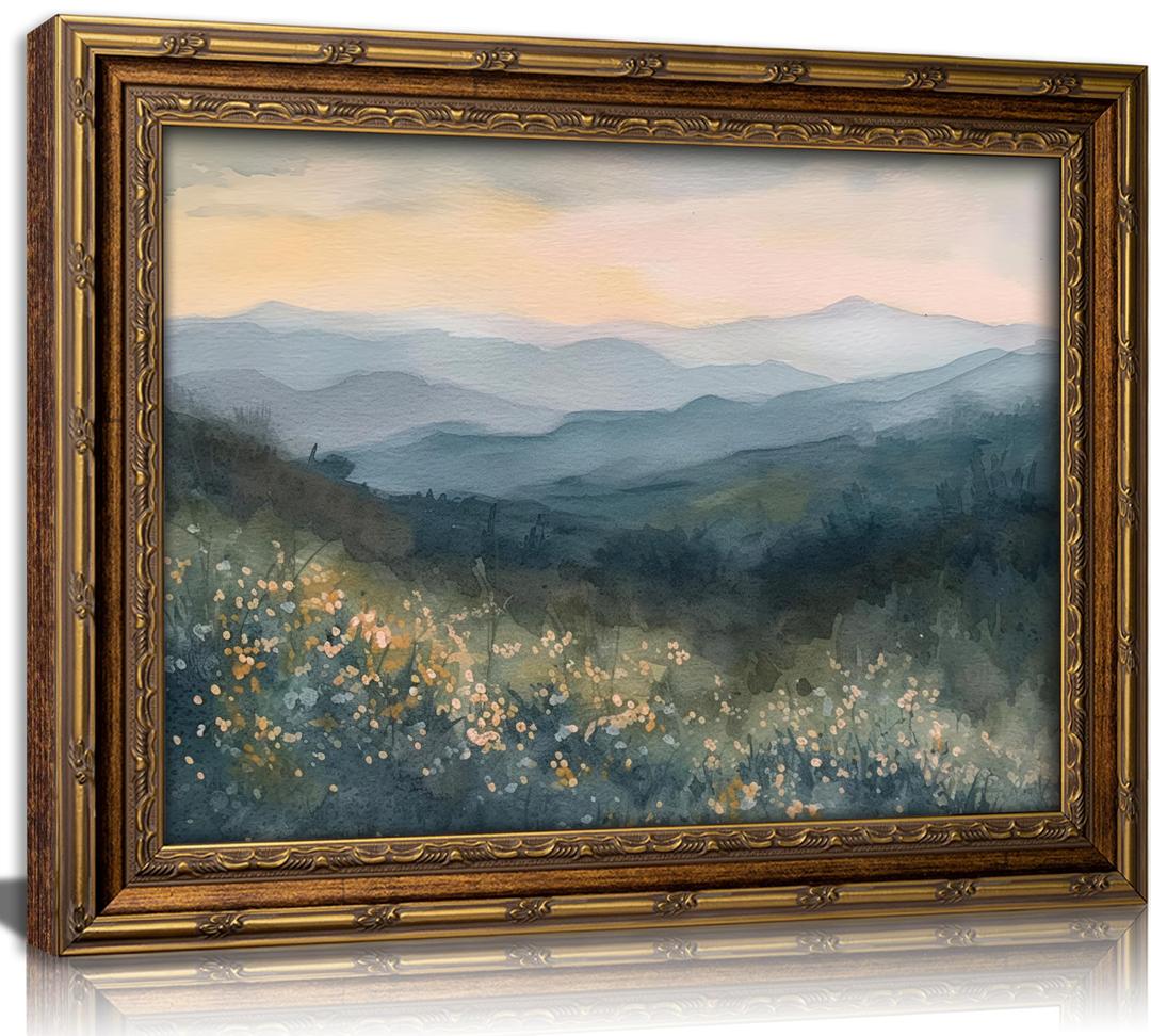 Vintage Gold Framed Wall Art Misty Blue Ridge Mountains Floral Painting Canvas Prints Mountains Wildflower Landscape Natural Poster Picture Artwork for Living Room Bedroom Wall Decor, Size: 24"L x 16"W