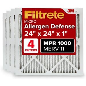 Filtrete 24x24x1 AC Furnace Air Filter, MERV 11, MPR 1000, Micro Allergen Defense, 3-Month Pleated 1-Inch Electrostatic Air Cleaning Filter, 4 Pack (Actual Size 4-Pack 23.69x23.69x0.81 in)