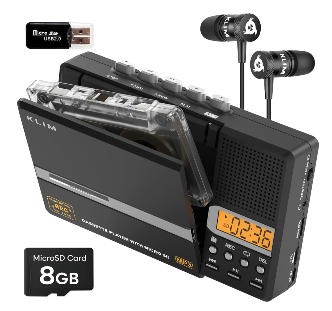 KLIM K10 Portable Cassette Tape Player & Tape Recorder, Cassette to MP3 Converter + Builtin Microphone & Speaker + USB PC Transfer + Battery/USB Powered + 8GB SD Card + Earphones