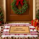 Christmas Door Mat Set 2-Piece, 17"x30" Coir Welcome Mat with 'Merry Christmas' and 28"x43" Red Black WhiteCheck Rug, Layered Front Porch Combo for Holiday Entryway Outdoor Decor