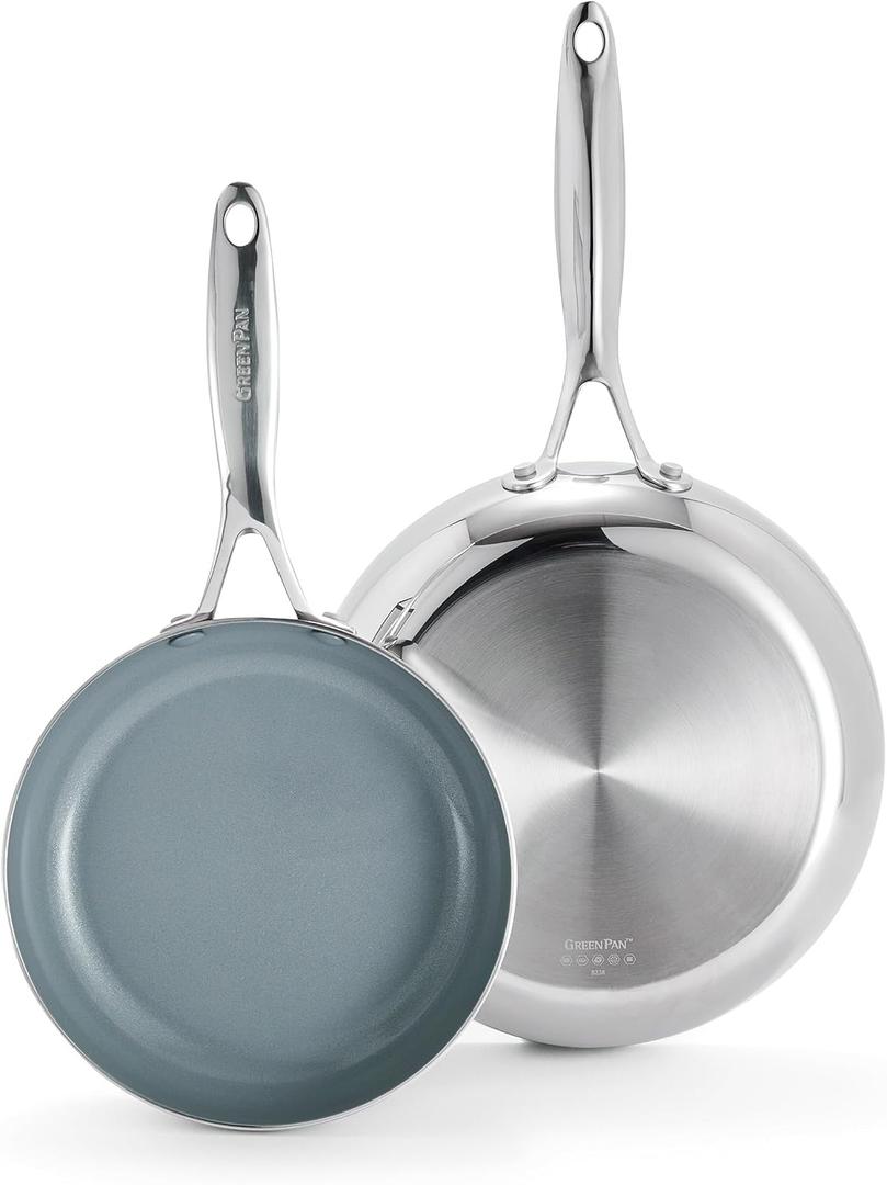 GreenPan Valencia Pro Tri-Ply Stainless Steel 8” & 10” Frying Pan Skillet Set, PFAS-Free Ceramic Nonstick Coating, Induction Ready Cookware, All Cooktops, Eggs & Omelets, Dishwasher & Oven Safe 600F