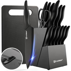 16 Pieces Kitchen Knife Block Set with Cutting Board, German Stainless Steel Knife Set with Sharpener, Dishwasher Safe, Anti-Slip Handle, 6 Steak Knives, Black