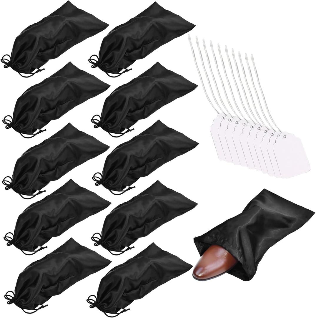 GONGKANGYUAN 10 Pack Shoe Bags for Travel Satin Fabric Shoe Bag with Drawstring for Men Women Travel Protecting Storing Shoes (Black)