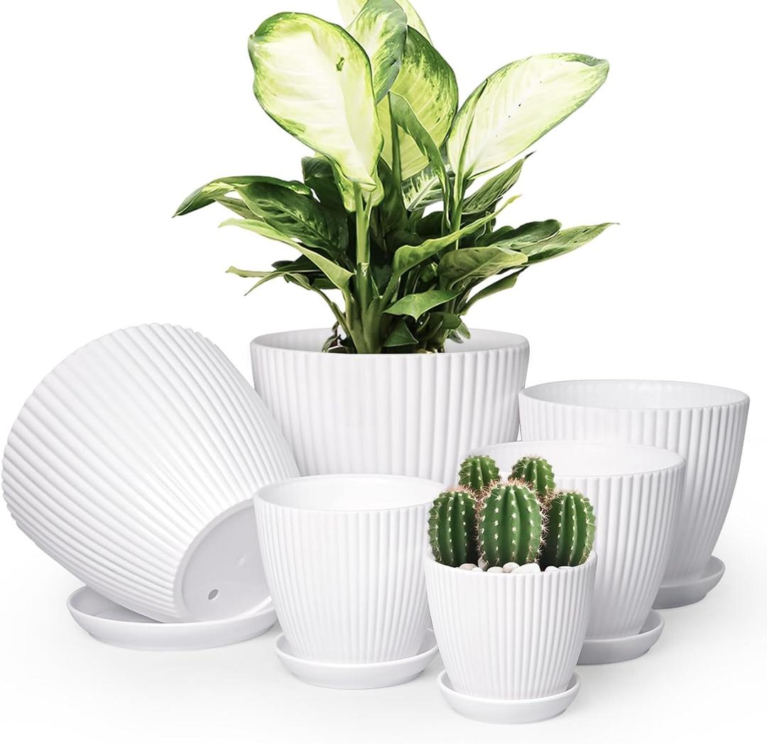 Plant Pots Indoor with Saucers & Drainage - 6 Pack Flower Pots - Plastic Planters for Indoor Planter - 7.5/6.6/5.8/5.0/4.3/3.5 inches Sizes for All Different Types of Plants - White