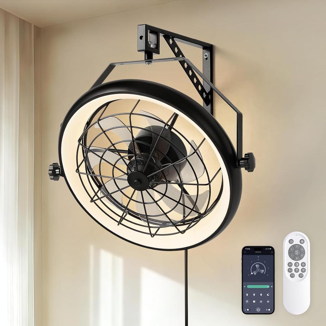 23" Wall Mount Fan with Light,3 CCT, Dimmable,Quiet 6 Speed Wall Mounted Fan with Remote/App Control, Timer, 360 Adjustable Tilt Plug in Wall Fan for Garage,Patio,Tool Room,Home (Black)