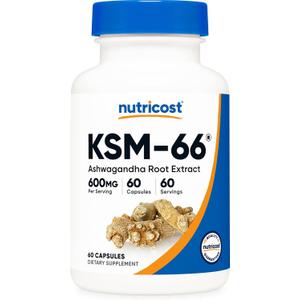 Nutricost KSM-66 Ashwagandha Root Extract 600mg, 60 Veggie Caps - 5% Withanolides - with BioPerine - Full-Spectrum Root Extract (60 Count (Pack of 1))