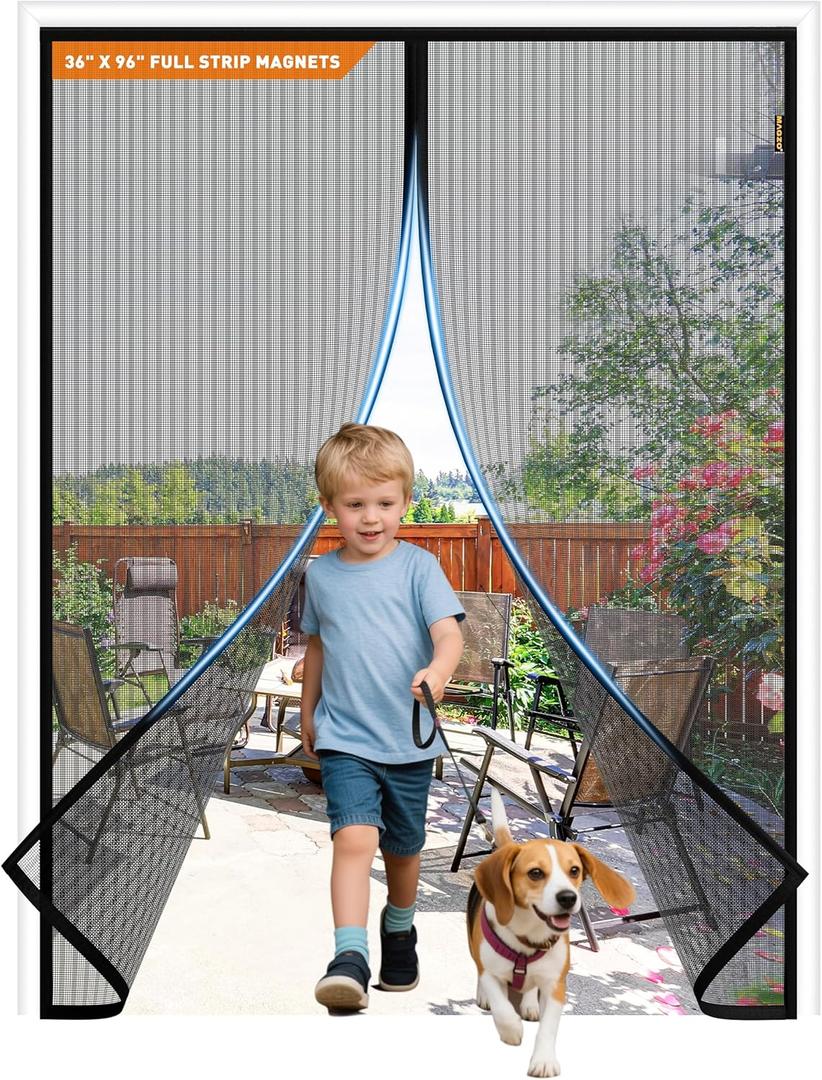MAGZO Magnetic Screen Door with Full Strip Magnets, Fit Door Size 36 x 96 Inch, Screen Size 38" x 97" Magnets Net with Full Frame Hook & Loop for Patio Entrance, Black
