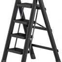 4 Step Folding Portable Step Ladder with Anti-Slip Wide Pedal Aluminum Stepladder Lightweight Step Stool for Office, Household, Library 300lbs - Black