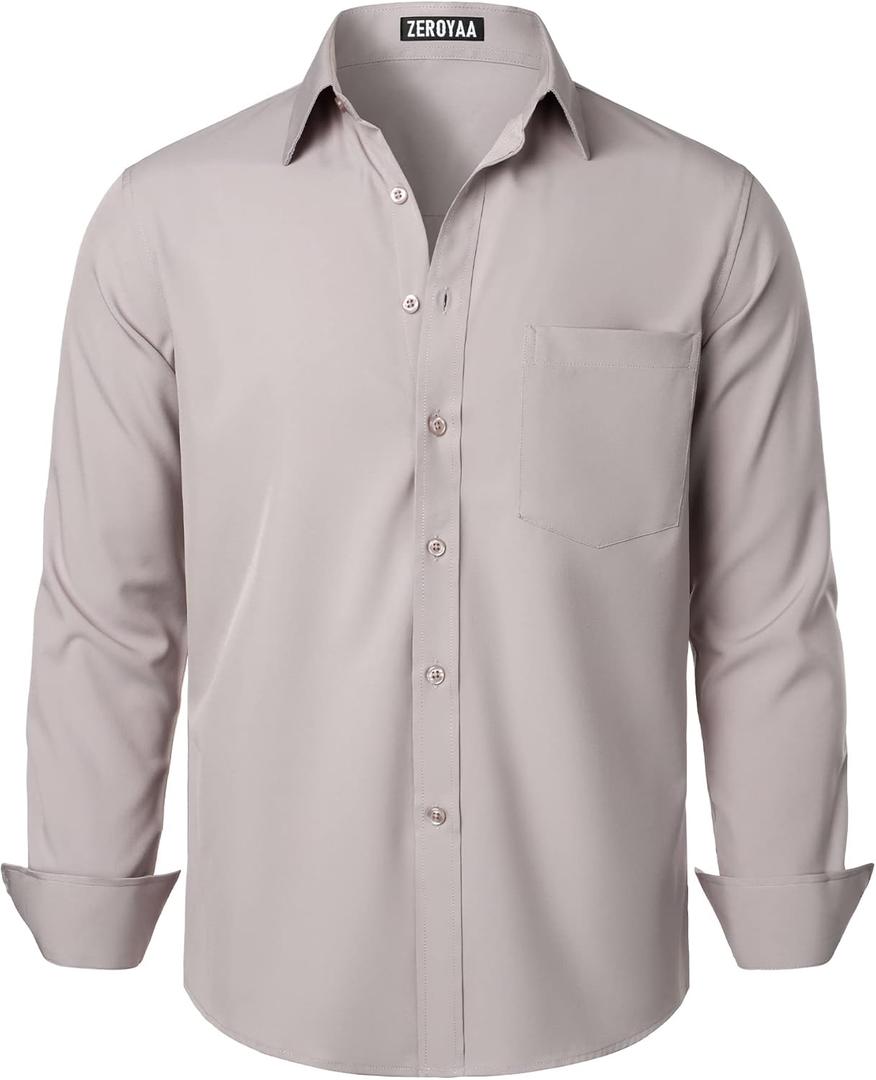 ZEROYAA Men's Regular Fit Dress Shirt Solid Wrinkle-Free Long Sleeve Casual Business Button Up Shirts with Pocket (Almond Gray), S