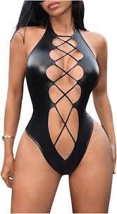 WDIRARA Women's PU Leather Halter Bodysuit Cut Out Lace Up Sleeveless Body Suit Sexy Clubwear Black Small