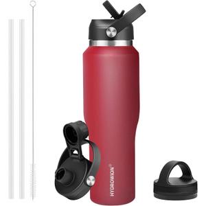 HYDROWION Water Bottle Stainless Steel, Vacuum Insulated Leak Proof Tumbler 32oz with Straw Lid, Spout Lid and Flex Cap(Cold for 48 Hrs, Hot for 24 Hrs), Fit in Any Car Cup Holder, Red