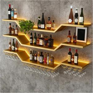 47.2in Modern LED Wine Rack Wall Mounted, 3-Tier Floating Bar Shelves with Wine Glass Rack, Large Hanging Liquor Shelf Wall Mounted, for Home Bar Dining Room Cafe Decorative (Gold, 47.2in/120cm)