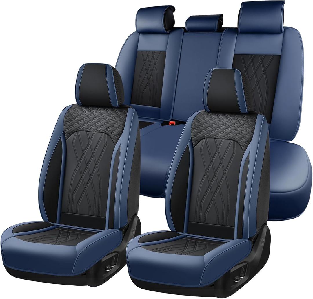 FLORICH Seat Cover Full Set Leather Car Seat Cover Front and Rear 5 Seats Full Coverage Seat Protector Waterproof Automotive Interior Cover Universal Fit for Most Car Truck SUV Decoration, Blue&Black