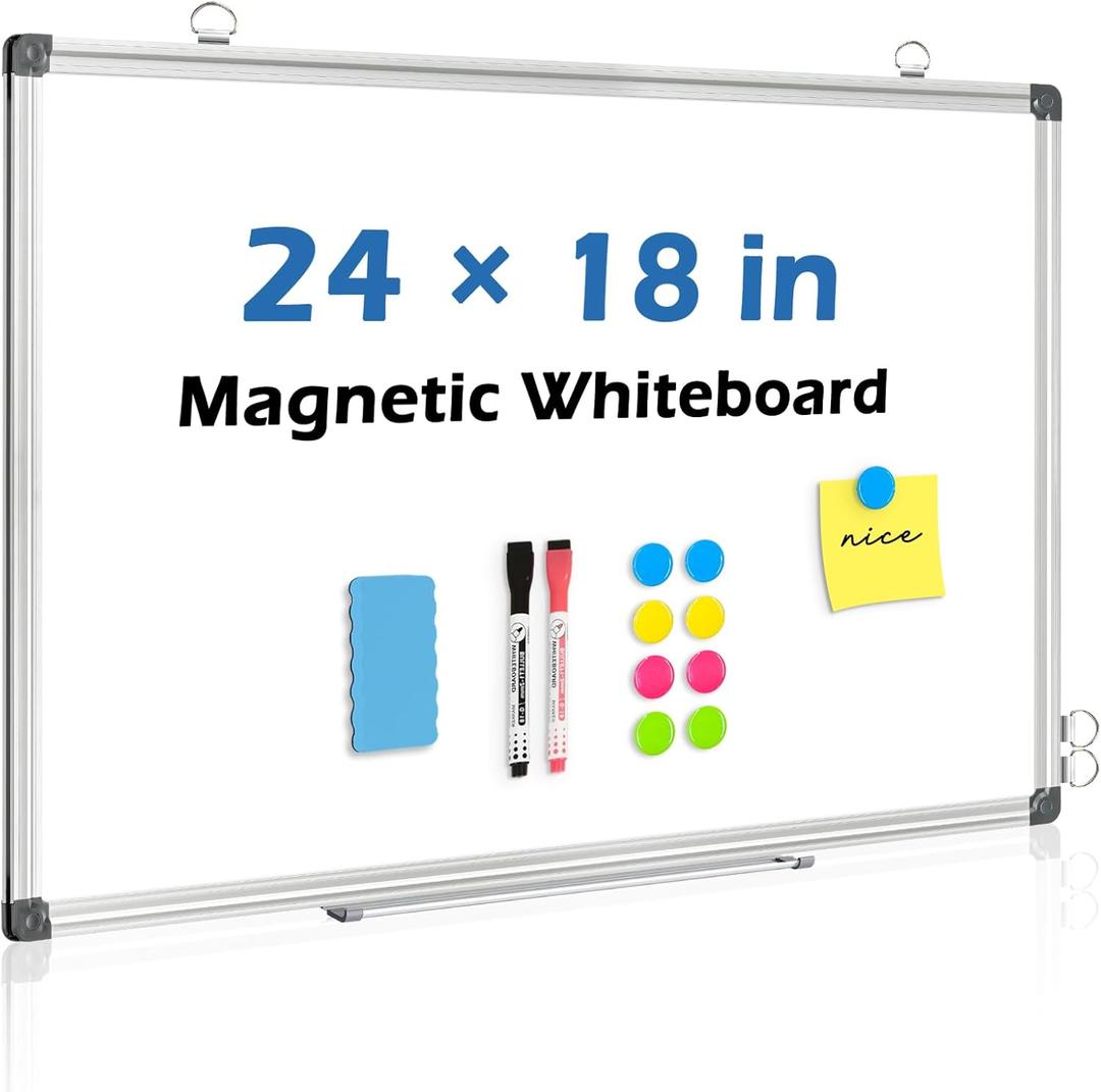 DOLLAR BOSS Whiteboard Dry Erase Board, Magnetic Whiteboard for Wall 24 x 18 Inch Aluminum Frame for School Office Home with 8 Magnets 2 Markers 1 Eraser 1 Detachable Pen Tray