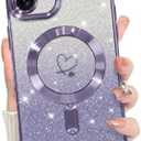 Bonoma Compatible with iPhone 16 Plus Case Support for MagSafe, Plating Heart Glitter Magnetic 2* Screen Protector TPU Camera Protection Back Cover for Girls Women -Purple