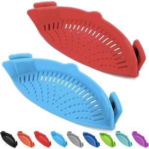 2 Pcs Clip on Strainers, Pot Strainer for Pasta Meat Vegetables Fruit, Silicone Strainer - Fit All Pots and Bowls. (Red, Blue)