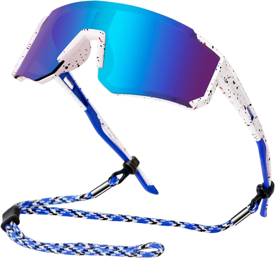 Youth Baseball Sunglasses Kids Polarized Sunglasses for Boys Girls Softball Cycling Sports Googles UV Protection (Blue Lens White Frame)