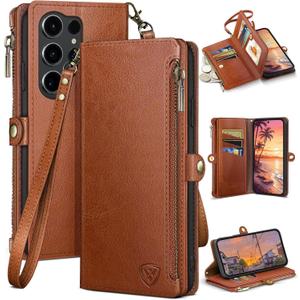XcaseBar Compatible with Samsung Galaxy S25 Ultra Wallet case with Zipper Credit Card HolderRFID Blocking,Flip Folio Book PU Phone case Shockproof Cover Men Women for S25 Ultra case Light Brown