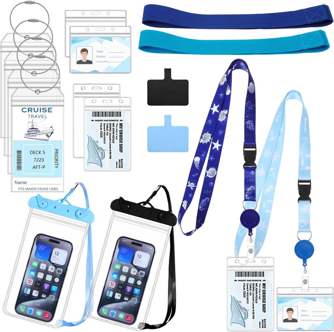 Cruise Ship Essentials 2026 Must Haves Set, 2 Pack Lanyards for Cruise Ship Cards with Id Holder and 4 Pack Cruise Luggage Tags Holder with 2 Waterproof Phone Pouch & 2 Cruise Chairs Towel Bands