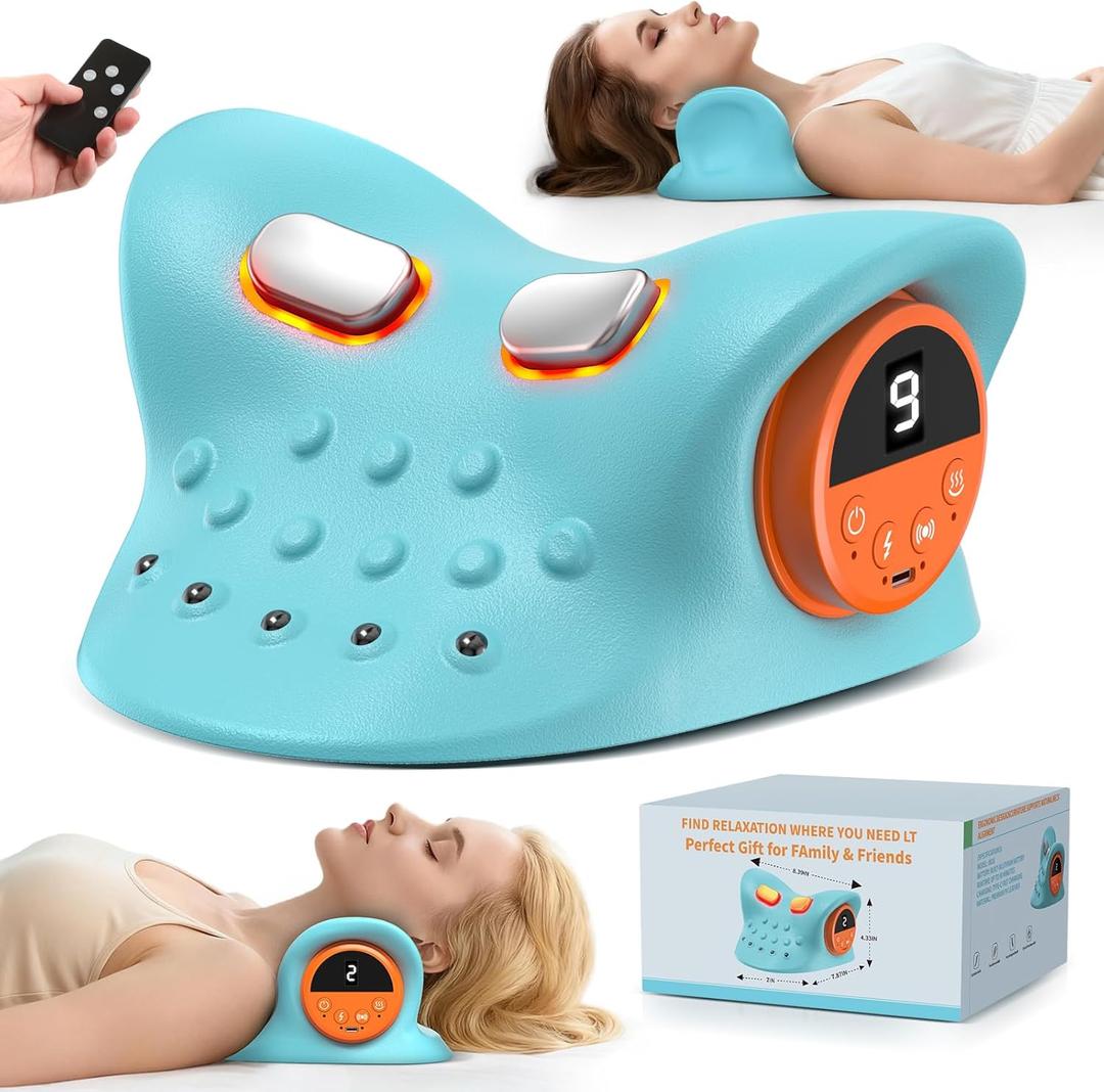 Smedz Neck Massager 2026, 4-in-1 Neck & Shoulder Massager with Multi-Directional Stretch, Heating & Vibration, 360 Remote ControlErgonomic for Home, Office, Car TravelSky Blue