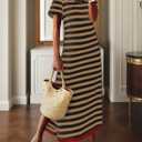 Dokotoo Women's Summer Casual Trendy 2026 Short Sleeve Maxi Dress Striped Split Vacation Color Block T-Shirt Dress (Brown, L)